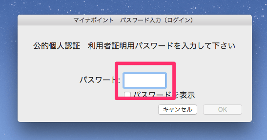 マイナポイント 利用者証明用パスワード入力画面