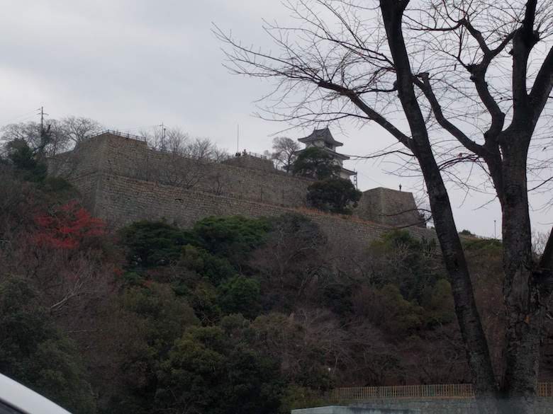 丸亀城に到着。よく見ると天守の横に人が立っています。